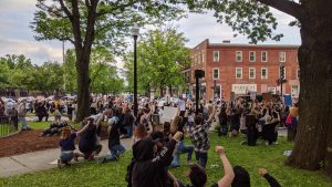 Large crowd in Keene kneels, fist up.